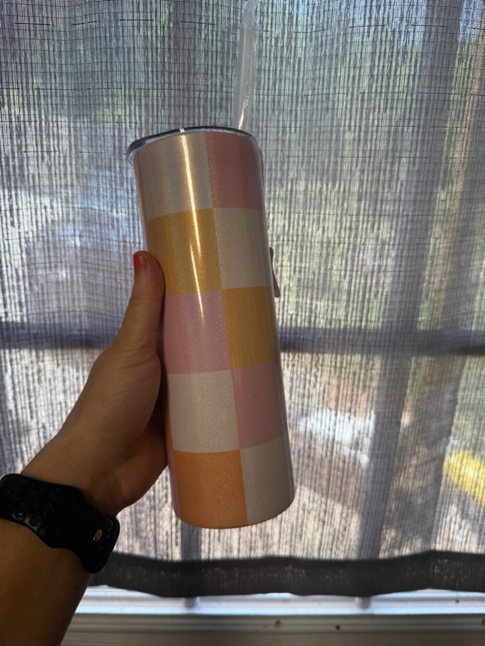 Checkered Pastel 20oz Insulated Tumbler with Straw - Pink, Yellow & White